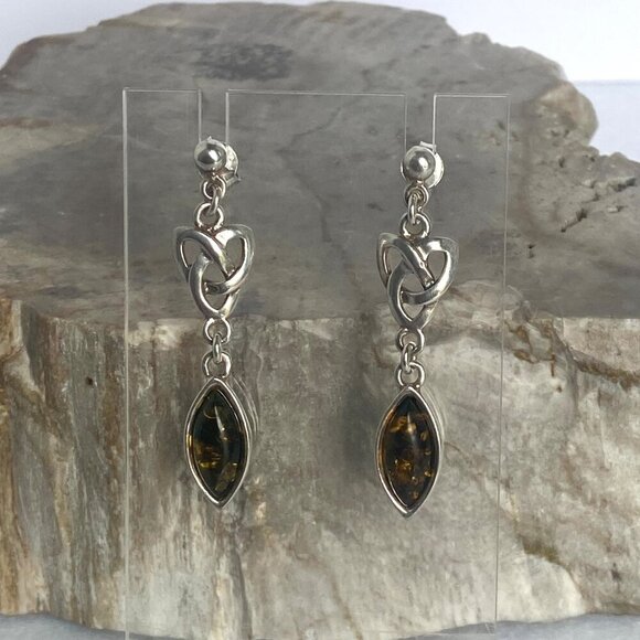 Sterling Silver 925 Celtic Knot Baltic Amber Cabochon Dangle Drop Earrings - Picture 9 of 16